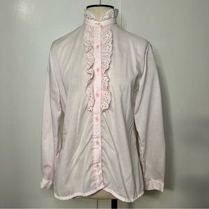 Vintage 80s Light Pink Lace Ruffle Coquette Long Sleeve Button Down Blouse